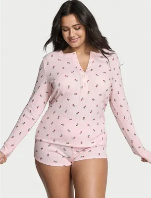 Victoria's Secret уютный пижамный комплект с ажурной вязкой pointelle и топом хенли, с шортами, розовый цвет, размер S